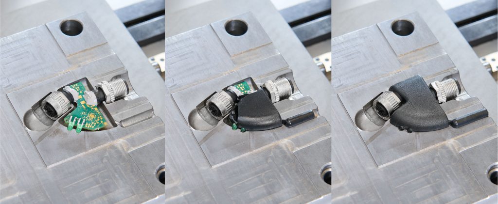 Von der rohen Platine zur vergossenen und bestückten Platine mit Abdichtung sowie Zugentlastung.